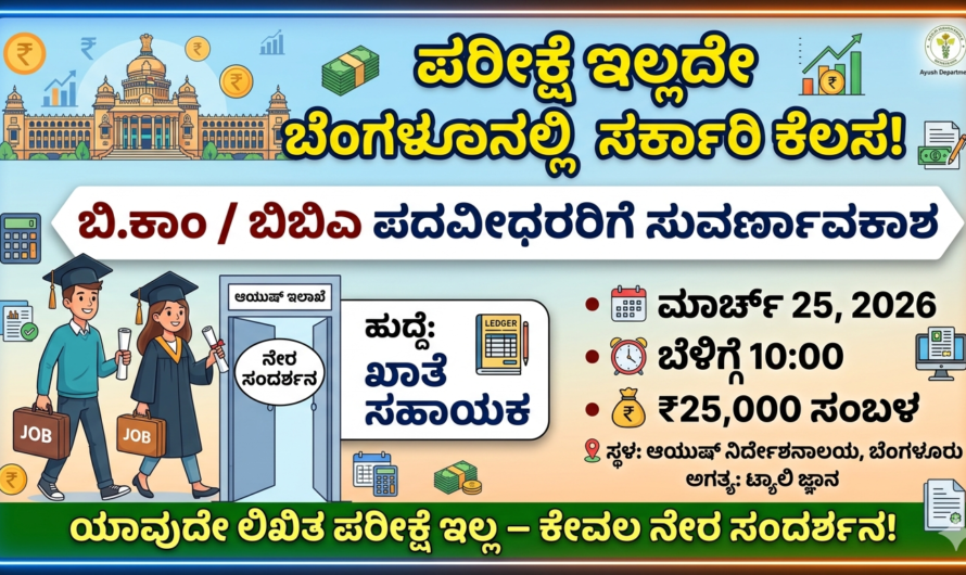 jobs ಬಿ.ಕಾಂ / ಬಿಬಿಎ ಪದವೀಧರರಿಗೆ ಸುವರ್ಣಾವಕಾಶ: ಪರೀಕ್ಷೆ ಇಲ್ಲದೇ ಬೆಂಗಳೂರಿನಲ್ಲಿ ಸರ್ಕಾರಿ ಕೆಲಸ!